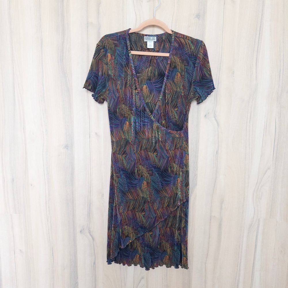 Vintage Robbie Bee Pleated Dress 10 Multicolor Abstract Lettuce Trim 90s Y2K‎